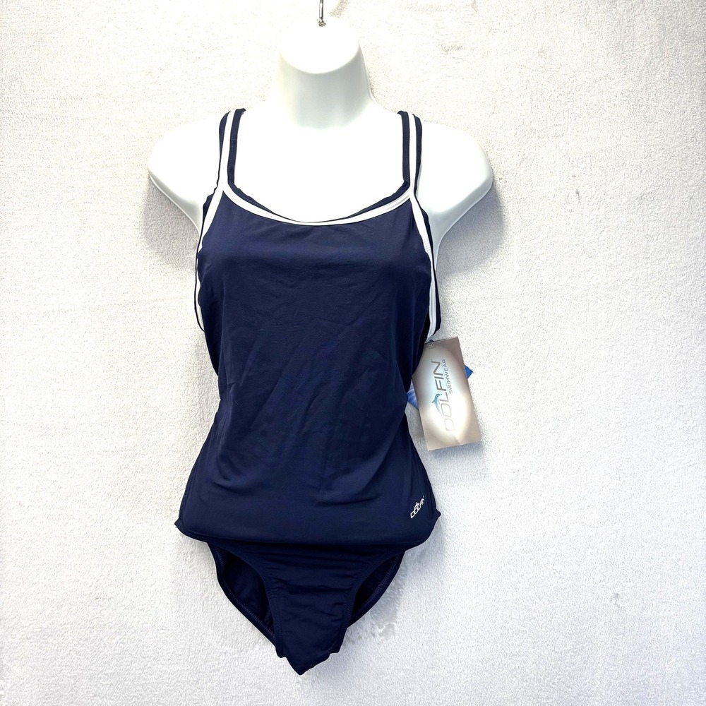 NWT Dolfin One Piece Swimsuit Womens 38 Navy Blue Reliance Training Swim Team